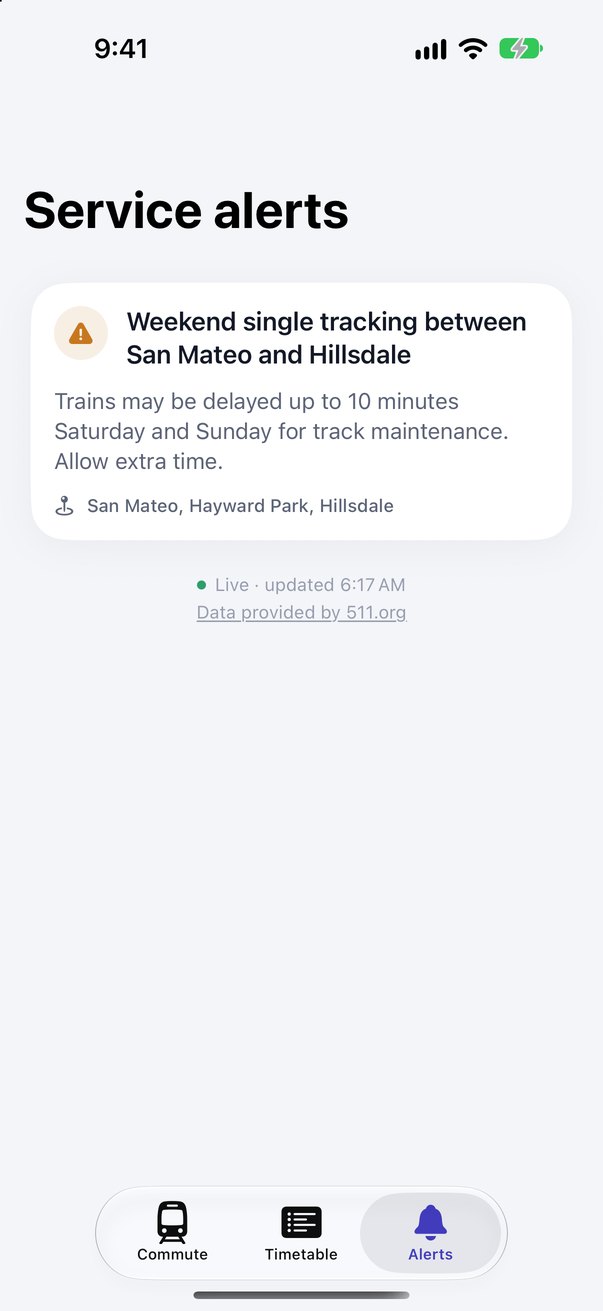 Service alerts screen showing a weekend single-tracking notice between San Mateo and Hillsdale.