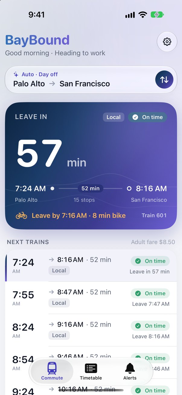 BayBound's commute screen: leave in 57 minutes for the 7:24 AM local from Palo Alto to San Francisco, with the next trains listed below.