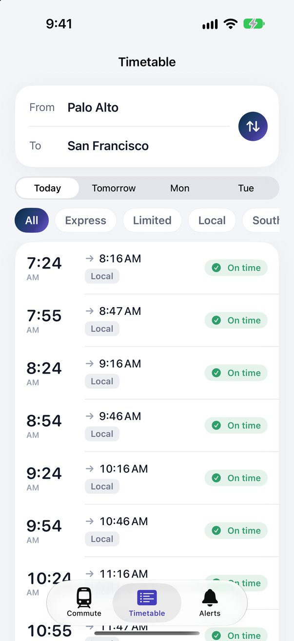 Timetable from Palo Alto to San Francisco with filters for express, limited and local trains.