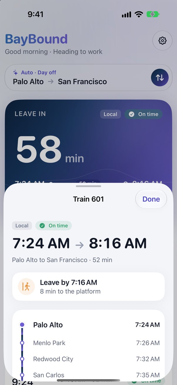 Train 601 detail: 7:24 AM to 8:16 AM, leave by 7:16 AM, with every stop from Palo Alto to San Francisco.